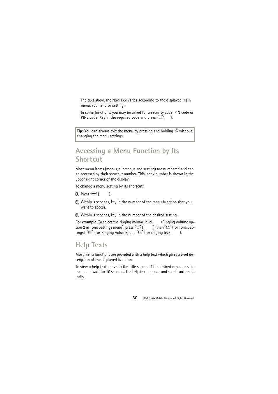 Accessing a menu function by its shortcut, Help texts | Nokia 3110 User Manual | Page 30 / 64
