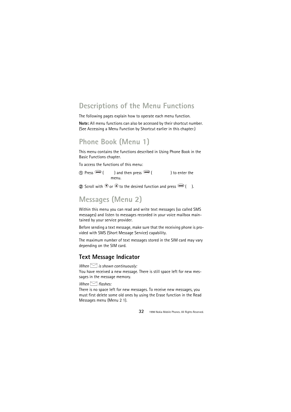 Descriptions of the menu functions, Phone book (menu 1), Messages (menu 2) | Text message indicator, Descriptions of the menu functions 32 | Nokia 3110 User Manual | Page 32 / 64