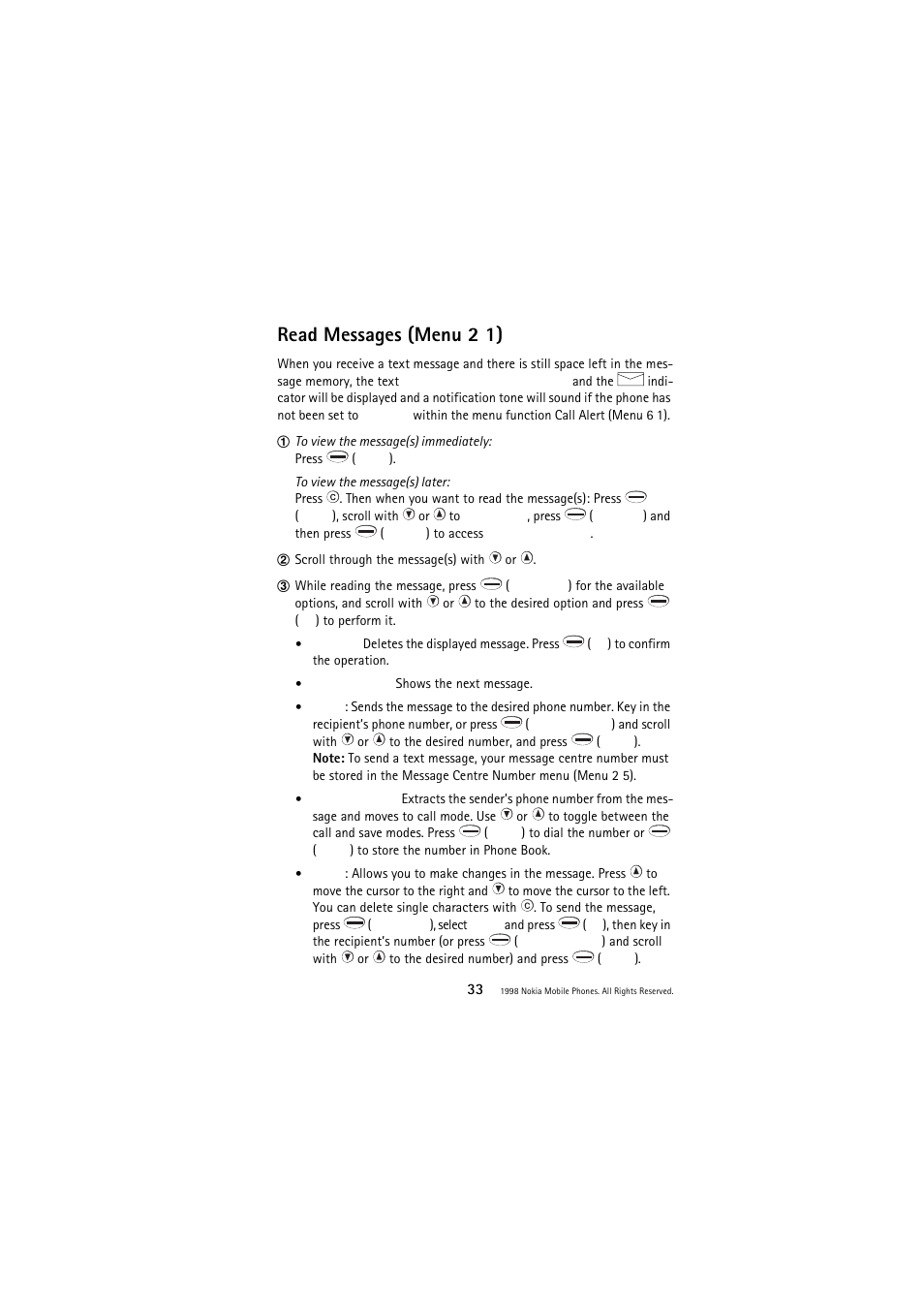 Read messages (menu 2 1) | Nokia 3110 User Manual | Page 33 / 64