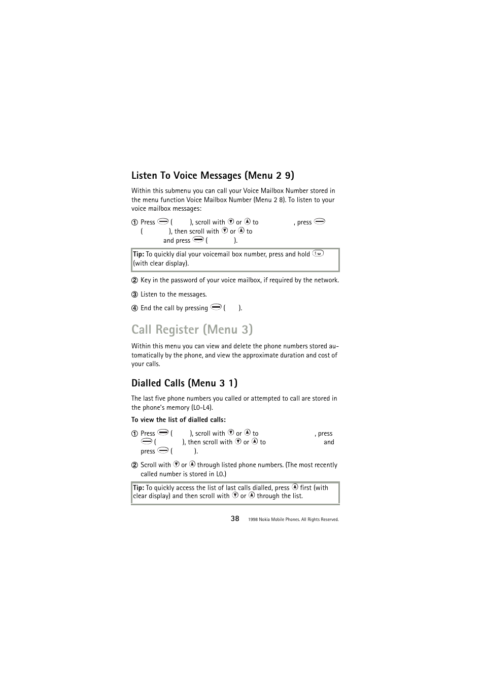 Listen to voice messages (menu 2 9), Call register (menu 3), Dialled calls (menu 3 1) | Nokia 3110 User Manual | Page 38 / 64