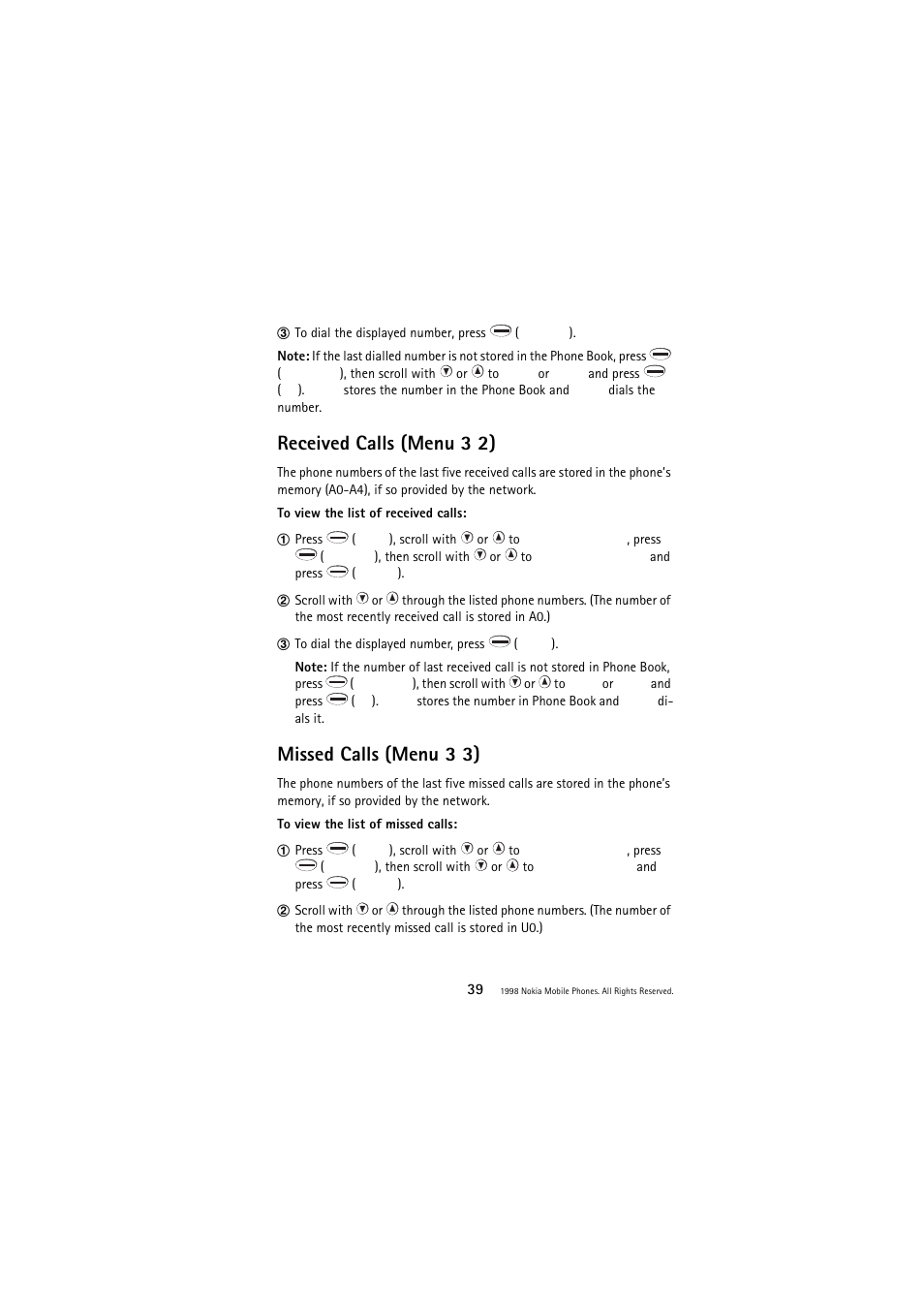 Received calls (menu 3 2), Missed calls (menu 3 3) | Nokia 3110 User Manual | Page 39 / 64