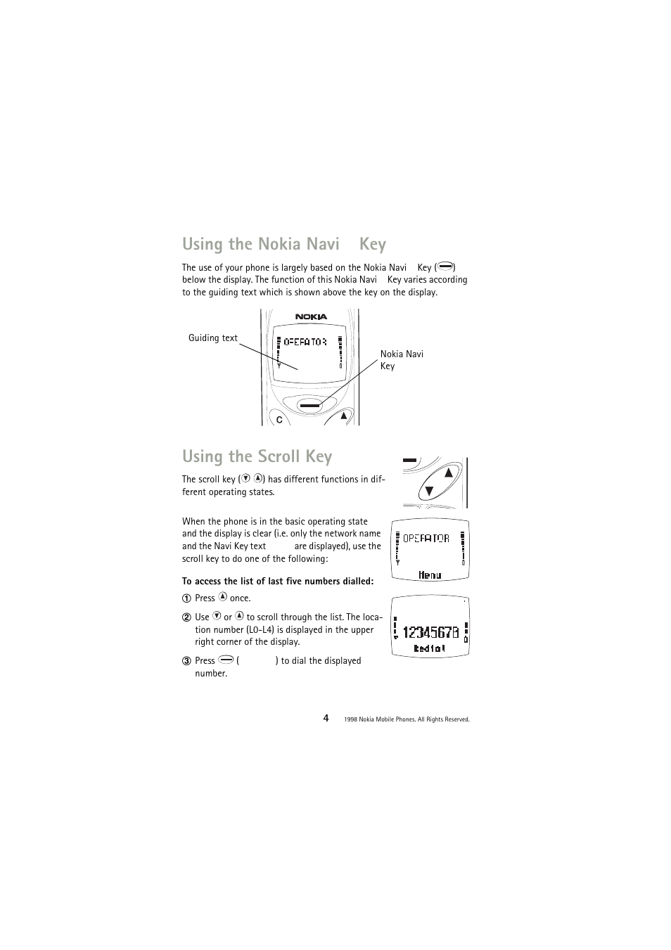 Using the nokia navi key, Using the scroll key, Using the nokia navi  key | Nokia 3110 User Manual | Page 4 / 64