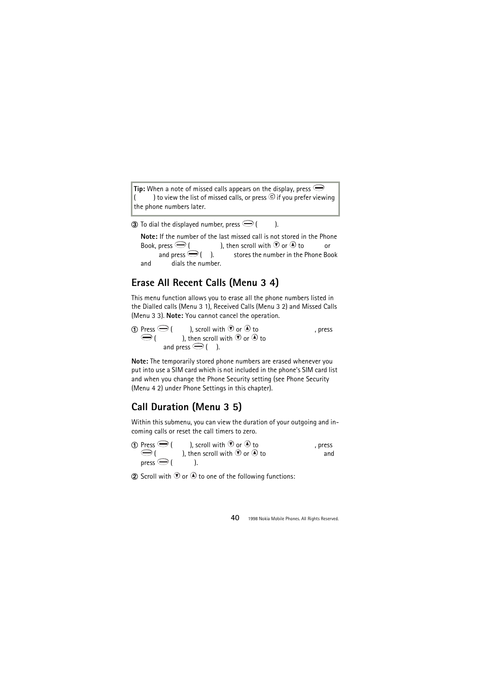 Erase all recent calls (menu 3 4), Call duration (menu 3 5), Erase all recent calls (menu 3 4)40 | Nokia 3110 User Manual | Page 40 / 64