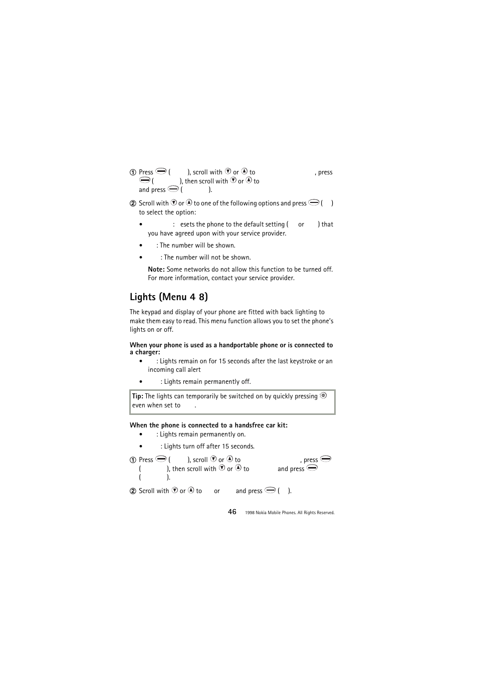 Lights (menu 4 8) | Nokia 3110 User Manual | Page 46 / 64