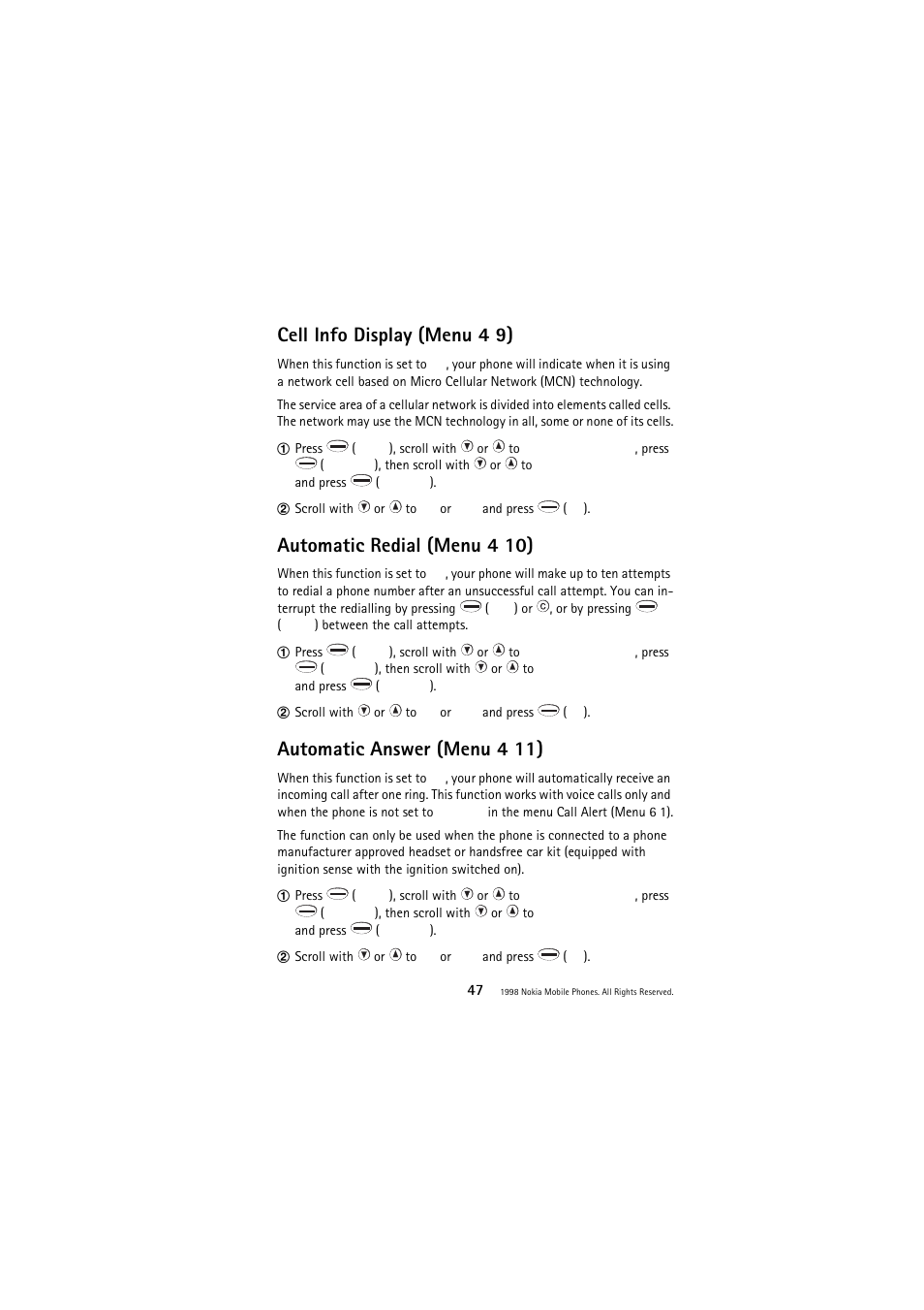 Cell info display (menu 4 9), Automatic redial (menu 4 10), Automatic answer (menu 4 11) | Nokia 3110 User Manual | Page 47 / 64