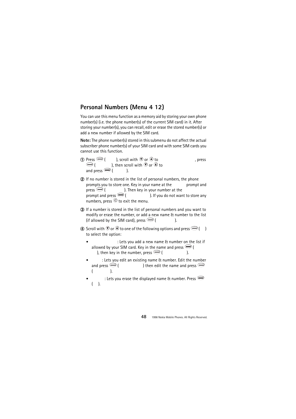 Personal numbers (menu 4 12) | Nokia 3110 User Manual | Page 48 / 64