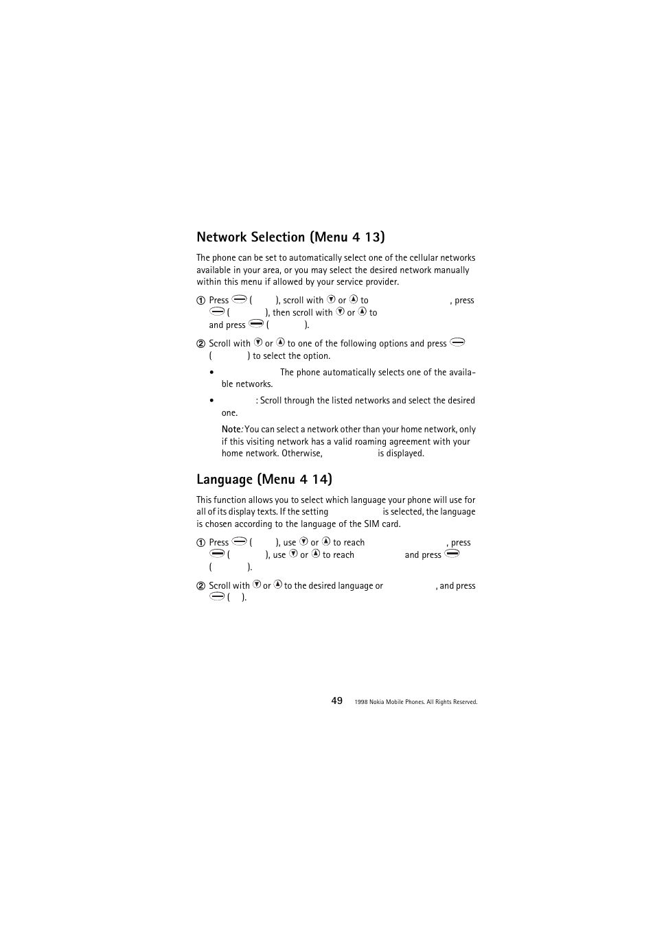 Network selection (menu 4 13), Language (menu 4 14) | Nokia 3110 User Manual | Page 49 / 64