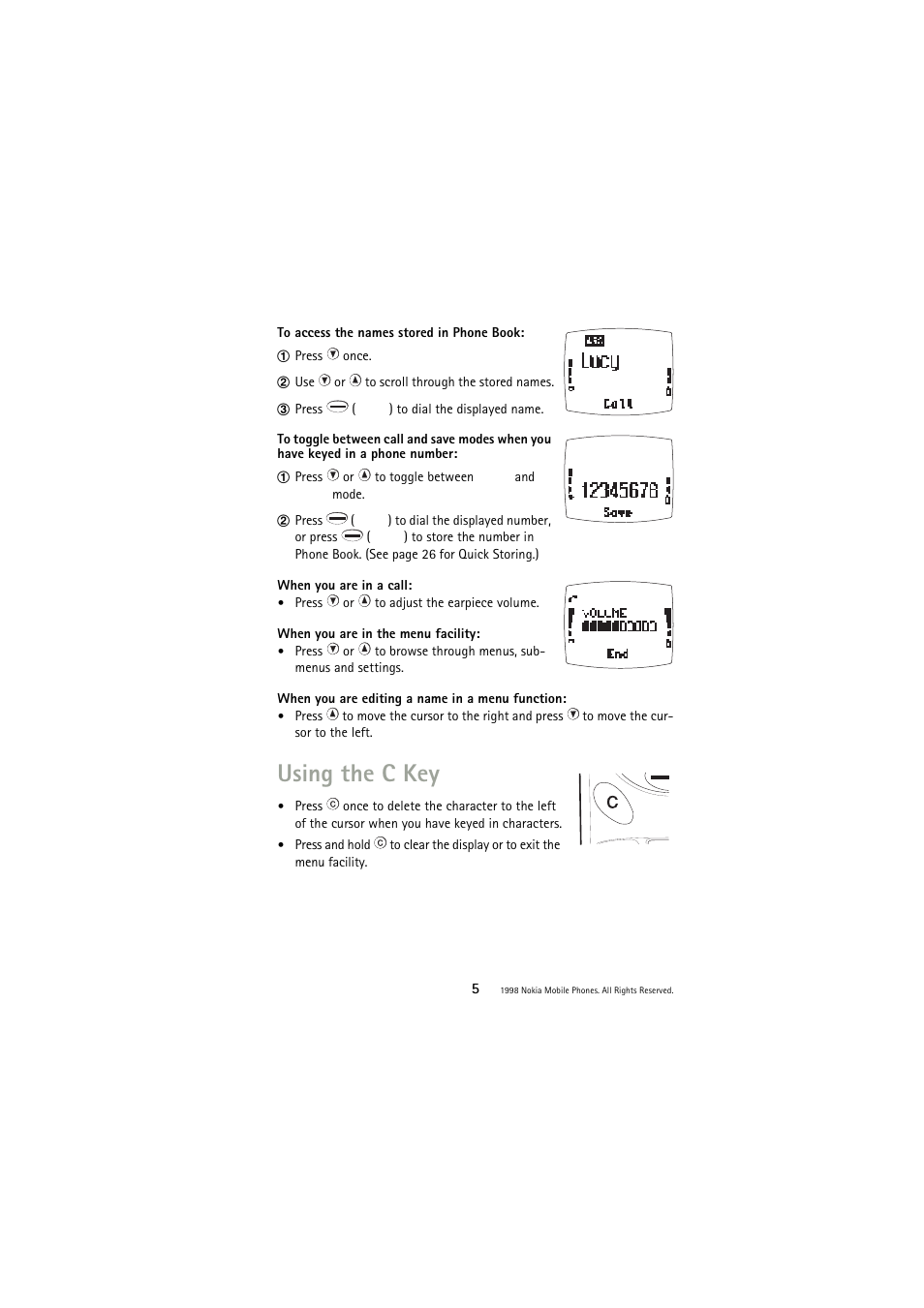 Using the c key | Nokia 3110 User Manual | Page 5 / 64