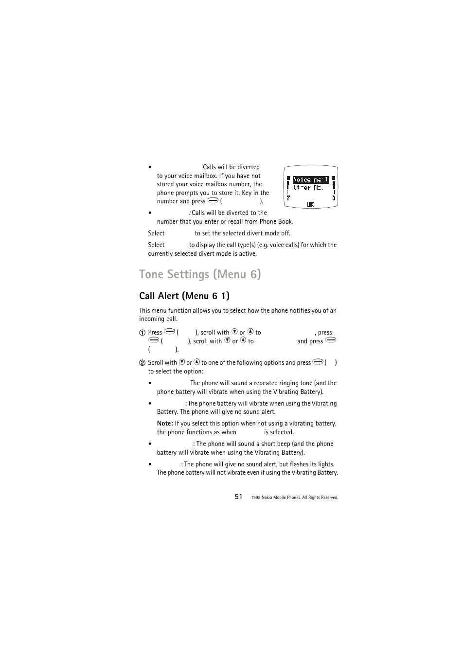 Tone settings (menu 6), Call alert (menu 6 1) | Nokia 3110 User Manual | Page 51 / 64