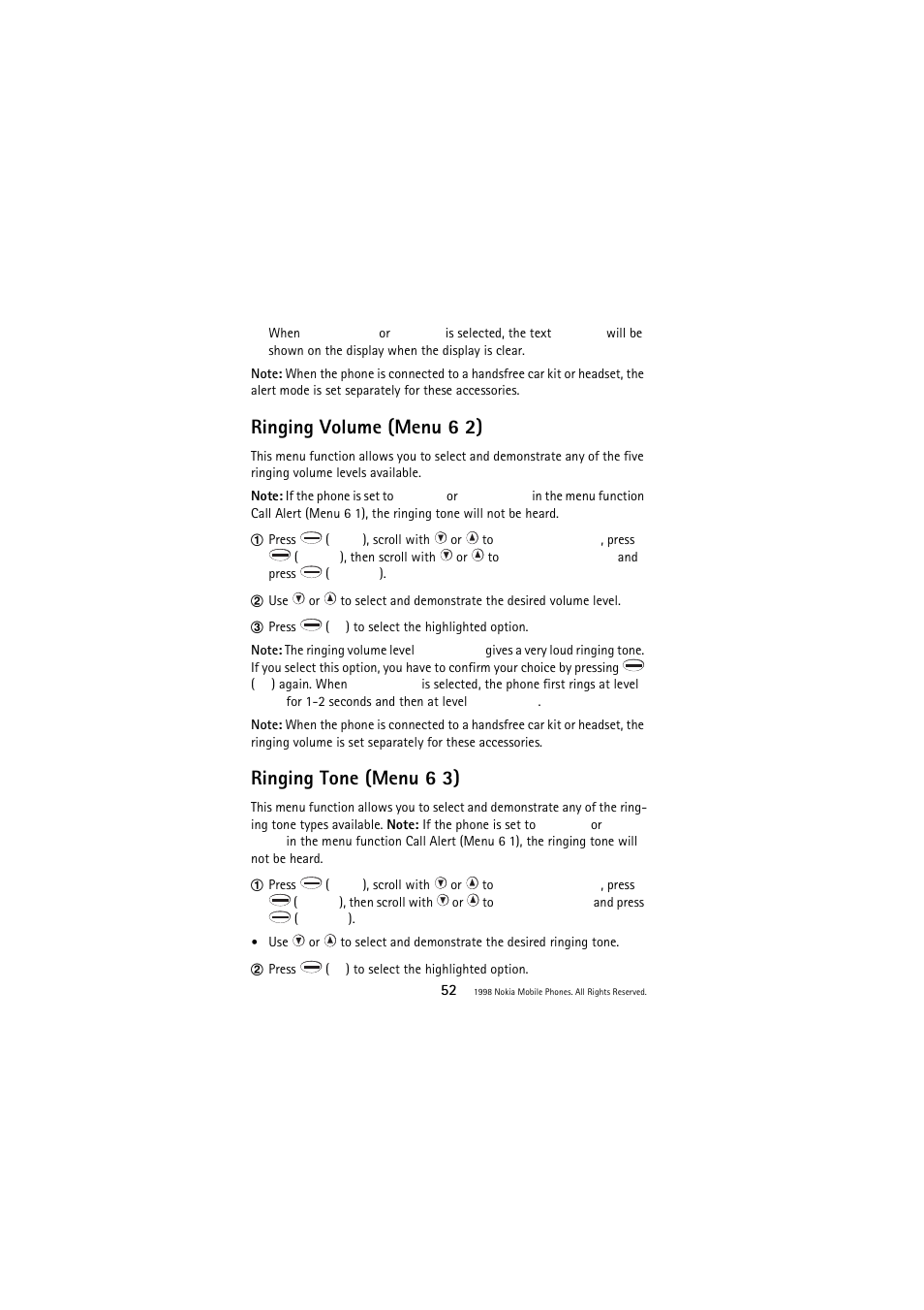 Ringing volume (menu 6 2), Ringing tone (menu 6 3) | Nokia 3110 User Manual | Page 52 / 64