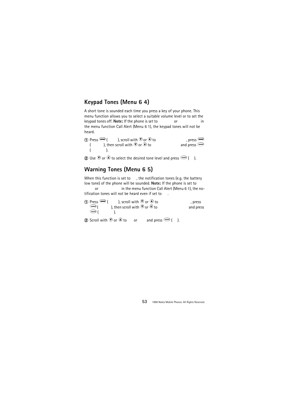 Keypad tones (menu 6 4), Warning tones (menu 6 5) | Nokia 3110 User Manual | Page 53 / 64