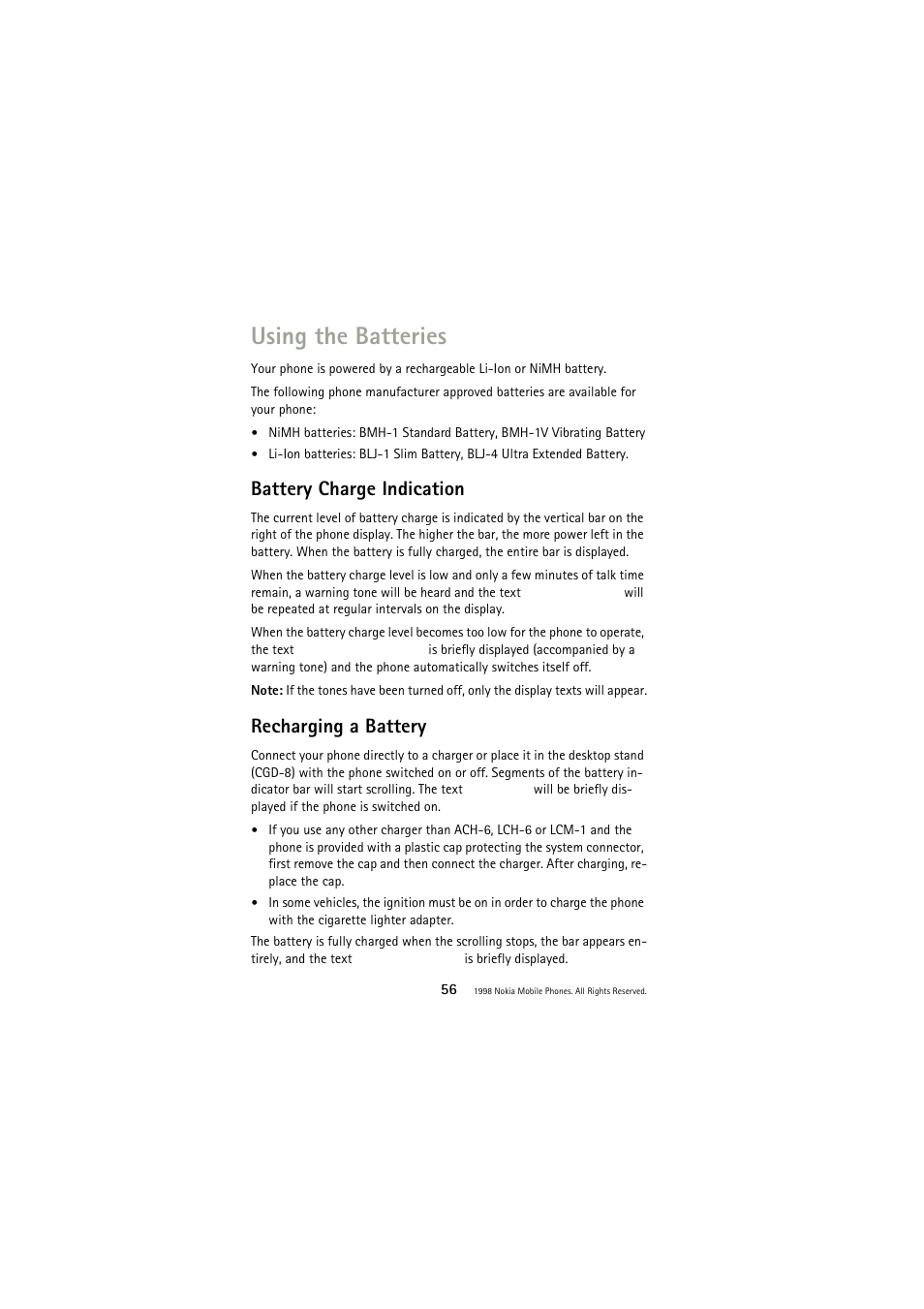 Using the batteries, Battery charge indication, Recharging a battery | Nokia 3110 User Manual | Page 56 / 64