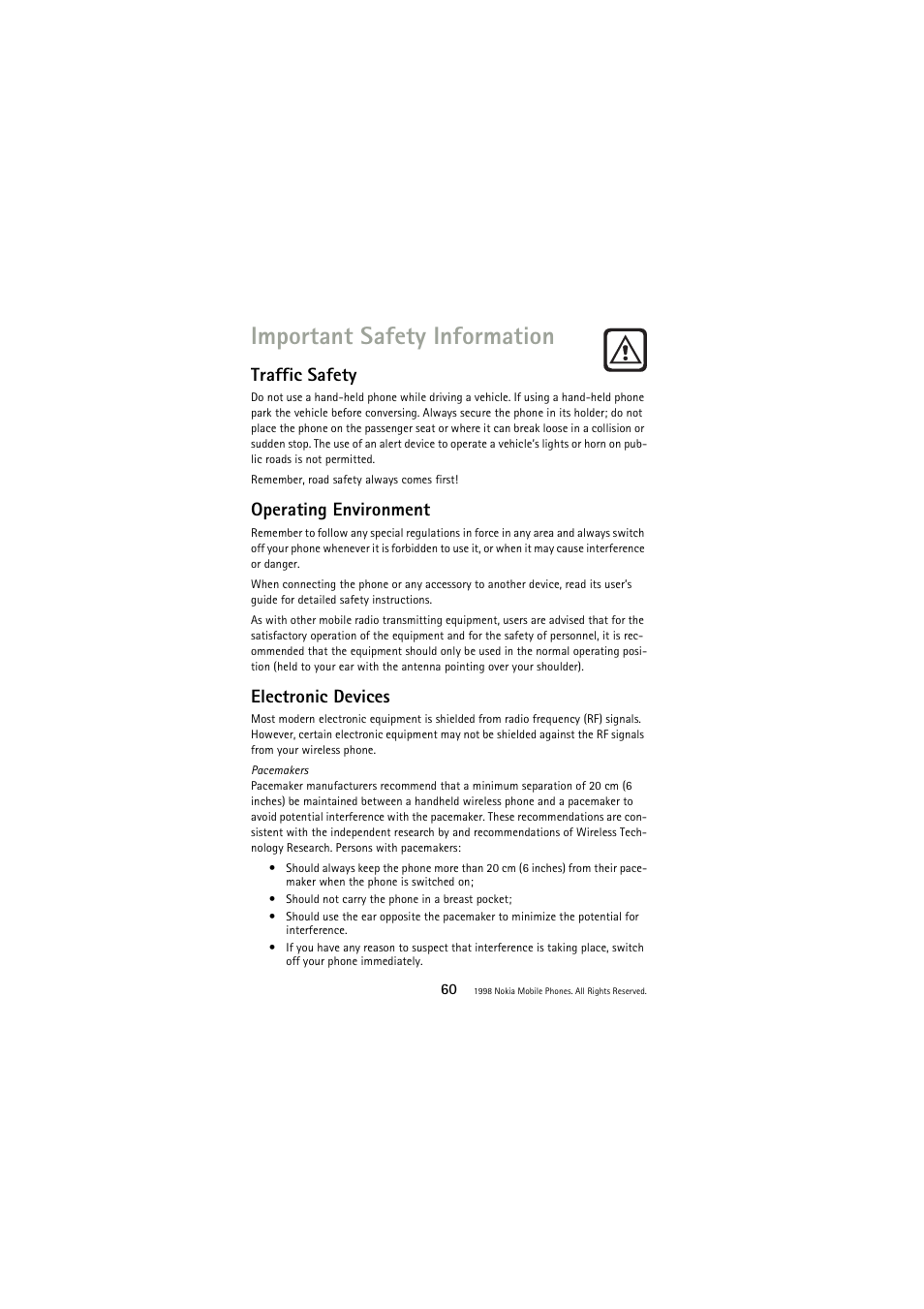 Important safety information, Traffic safety, Operating environment | Electronic devices | Nokia 3110 User Manual | Page 60 / 64