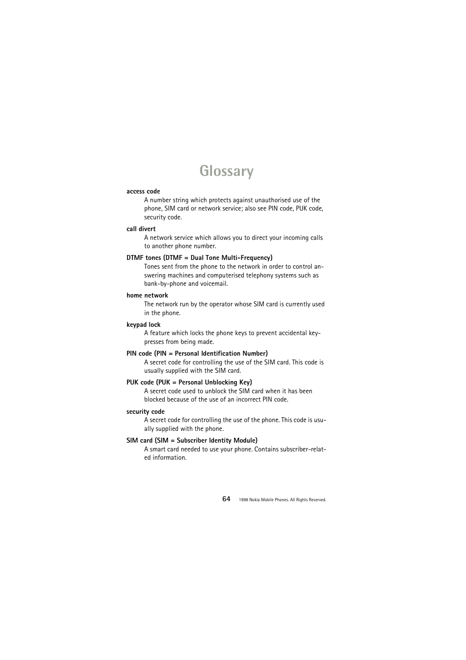 Glossary | Nokia 3110 User Manual | Page 64 / 64