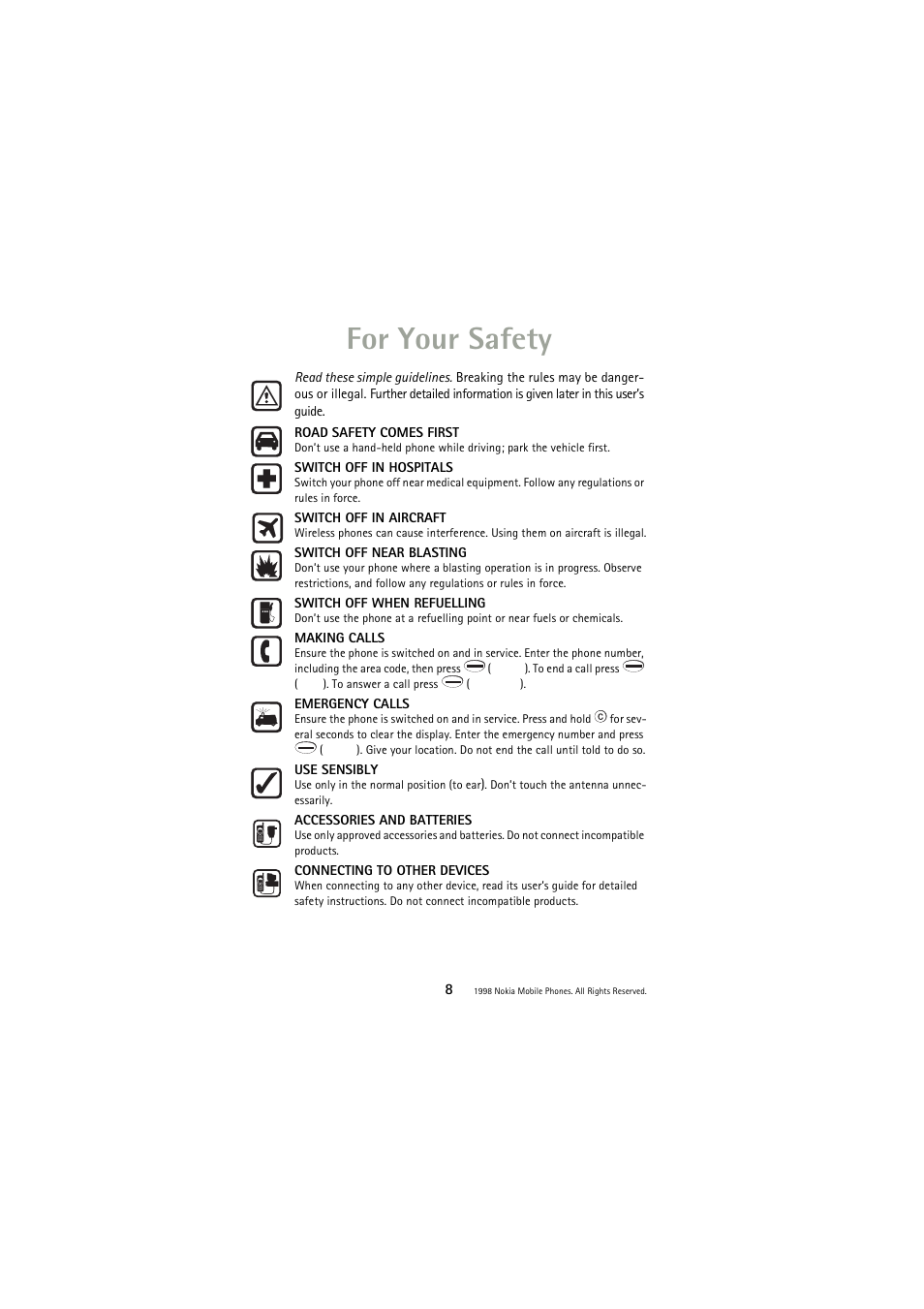 For your safety | Nokia 3110 User Manual | Page 8 / 64