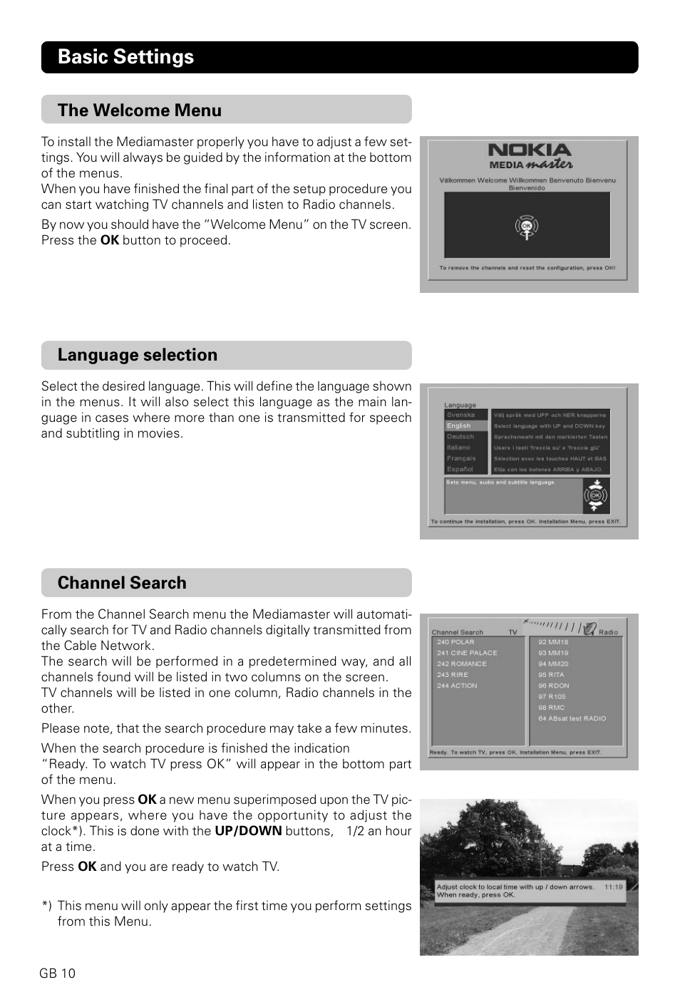 Basic settings, Language selection, The welcome menu | Channel search | Nokia 9600C User Manual | Page 10 / 23