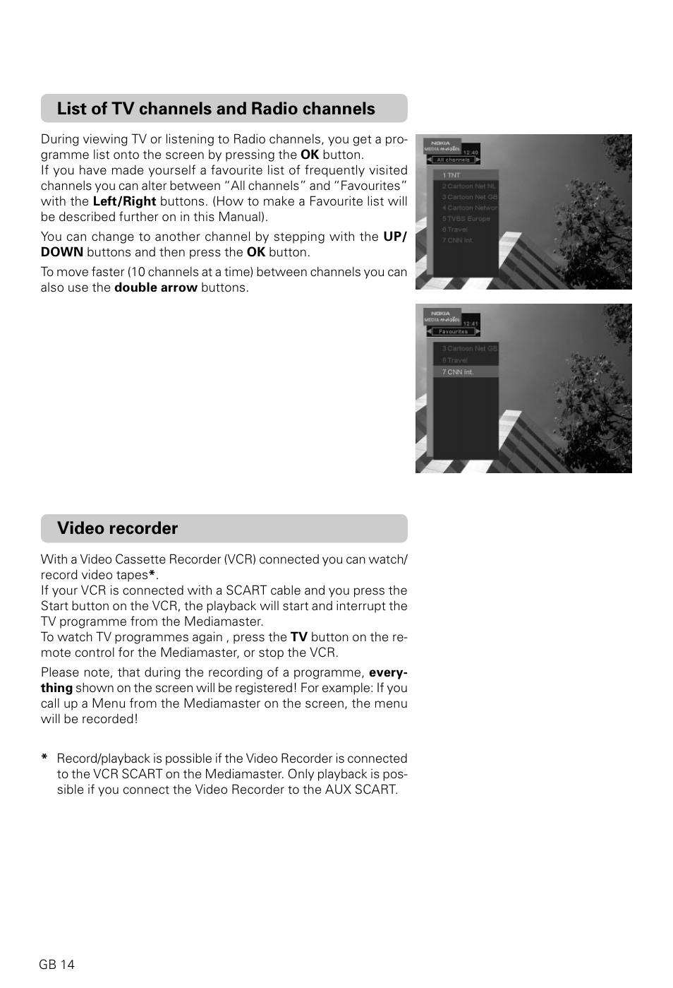 Video recorder, List of tv channels and radio channels | Nokia 9600C User Manual | Page 14 / 23