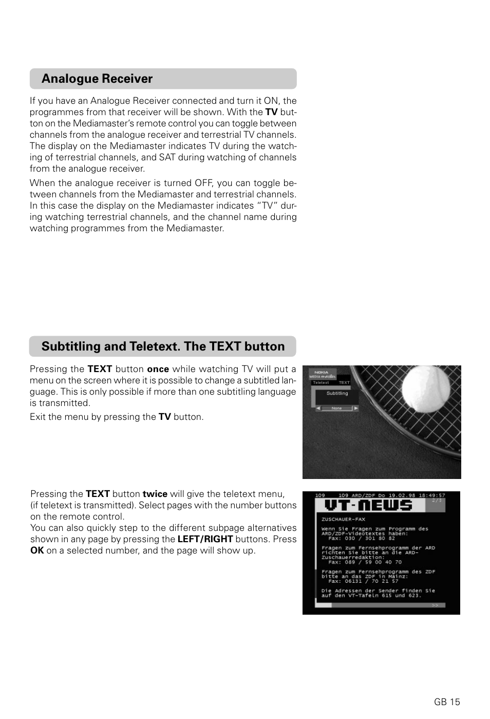 Subtitling and teletext. the text button, Analogue receiver | Nokia 9600C User Manual | Page 15 / 23