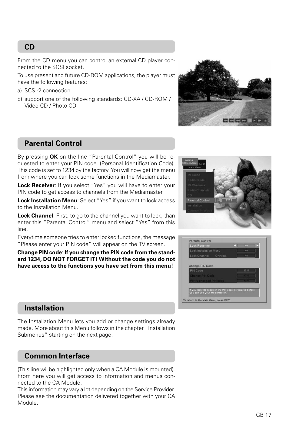 Installation, Parental control, Common interface | Nokia 9600C User Manual | Page 17 / 23