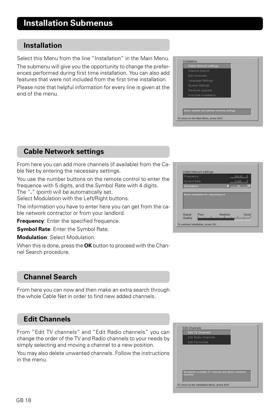 Installation submenus, Installation, Cable network settings | Channel search, Edit channels | Nokia 9600C User Manual | Page 18 / 23