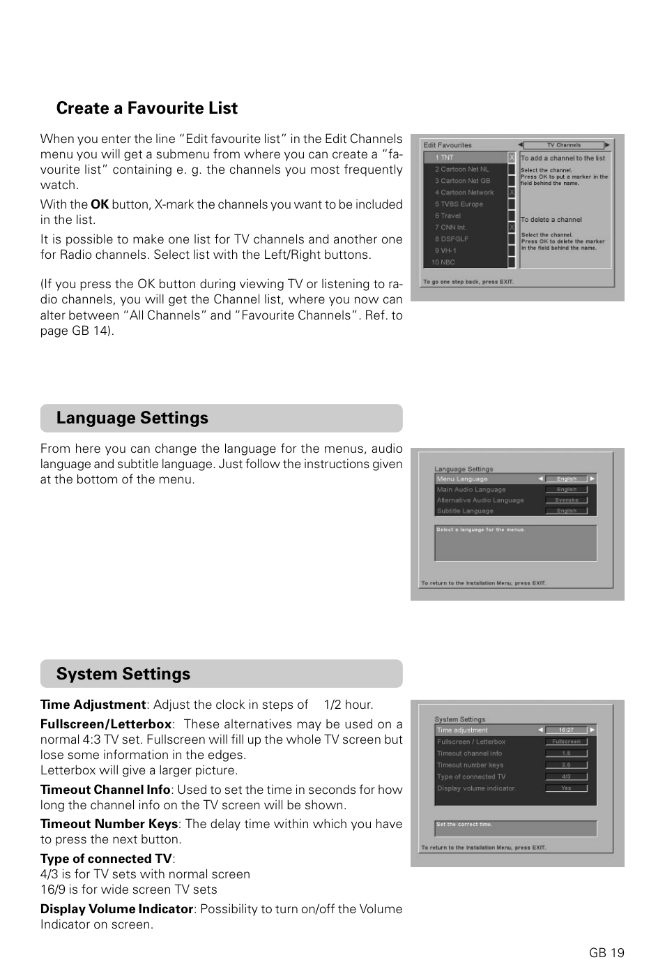 Language settings, System settings, Create a favourite list | Nokia 9600C User Manual | Page 19 / 23