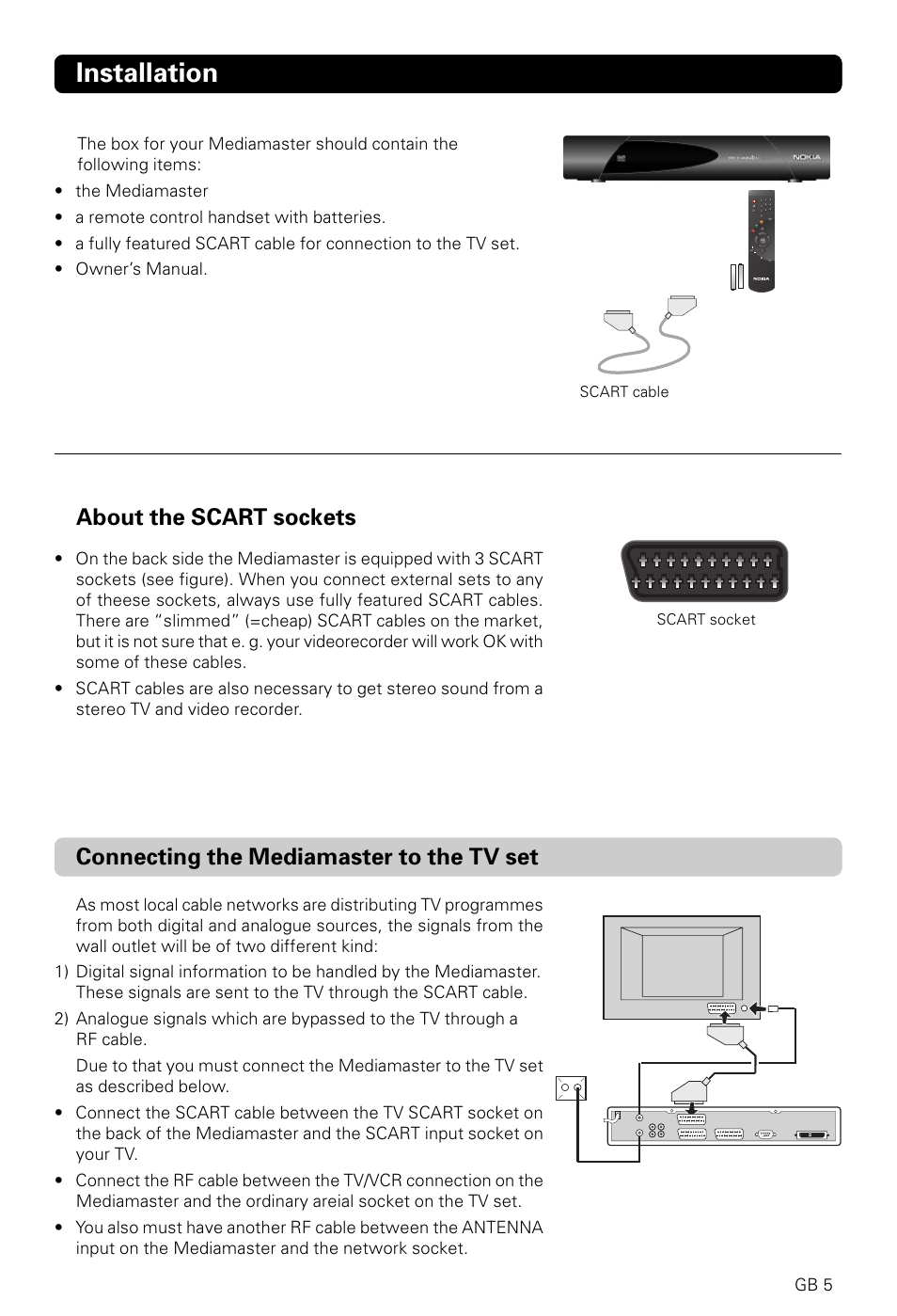 Installation, About the scart sockets, Connecting the mediamaster to the tv set | Gb 5 | Nokia 9600C User Manual | Page 5 / 23