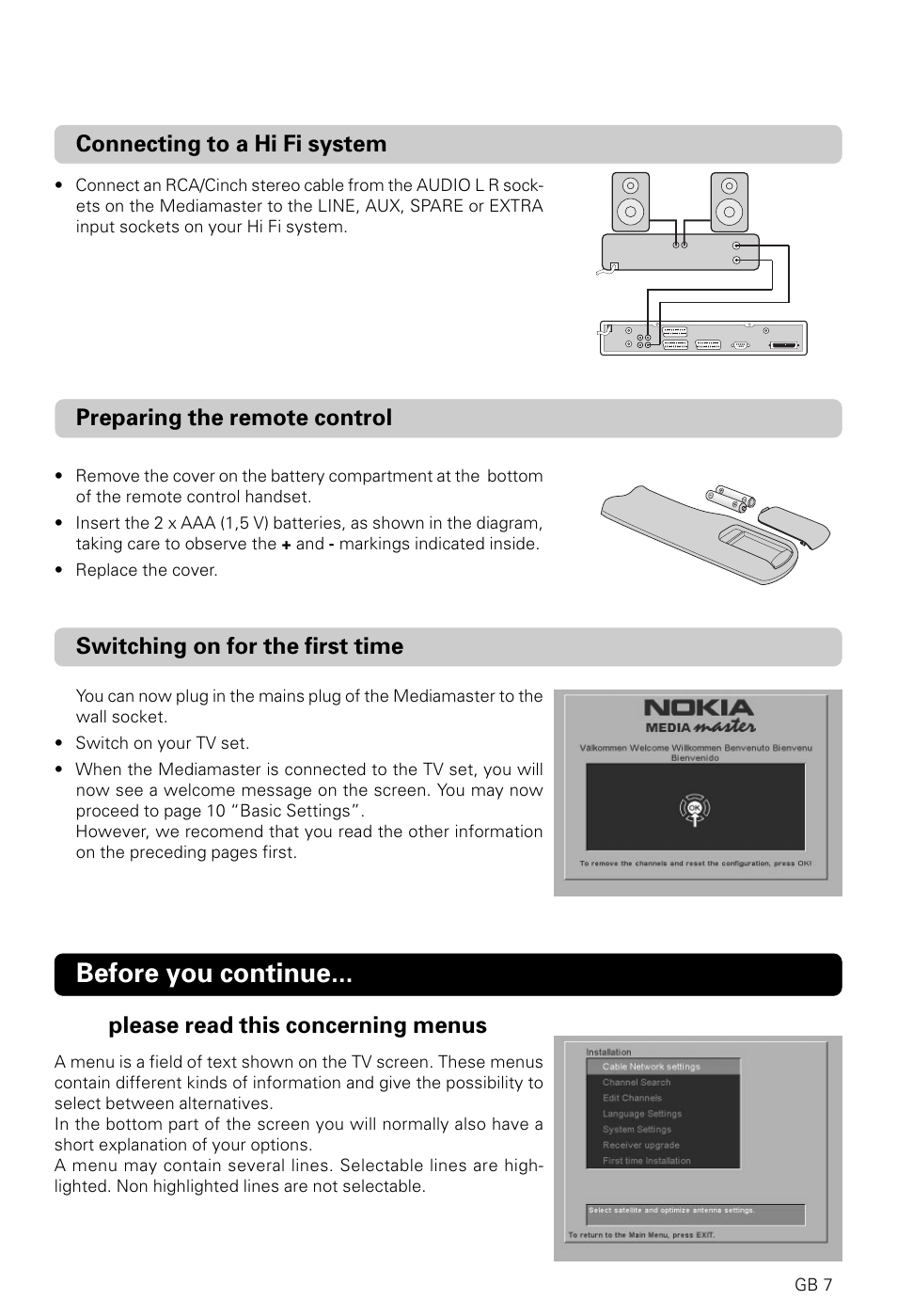 Before you continue, Preparing the remote control, Connecting to a hi fi system | Switching on for the first time, Please read this concerning menus | Nokia 9600C User Manual | Page 7 / 23