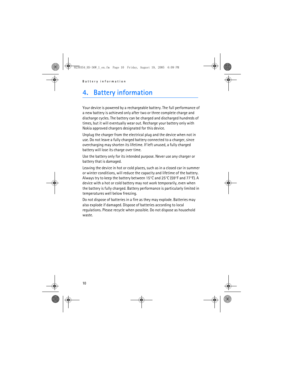 Battery information | Nokia HS 36W User Manual | Page 10 / 48