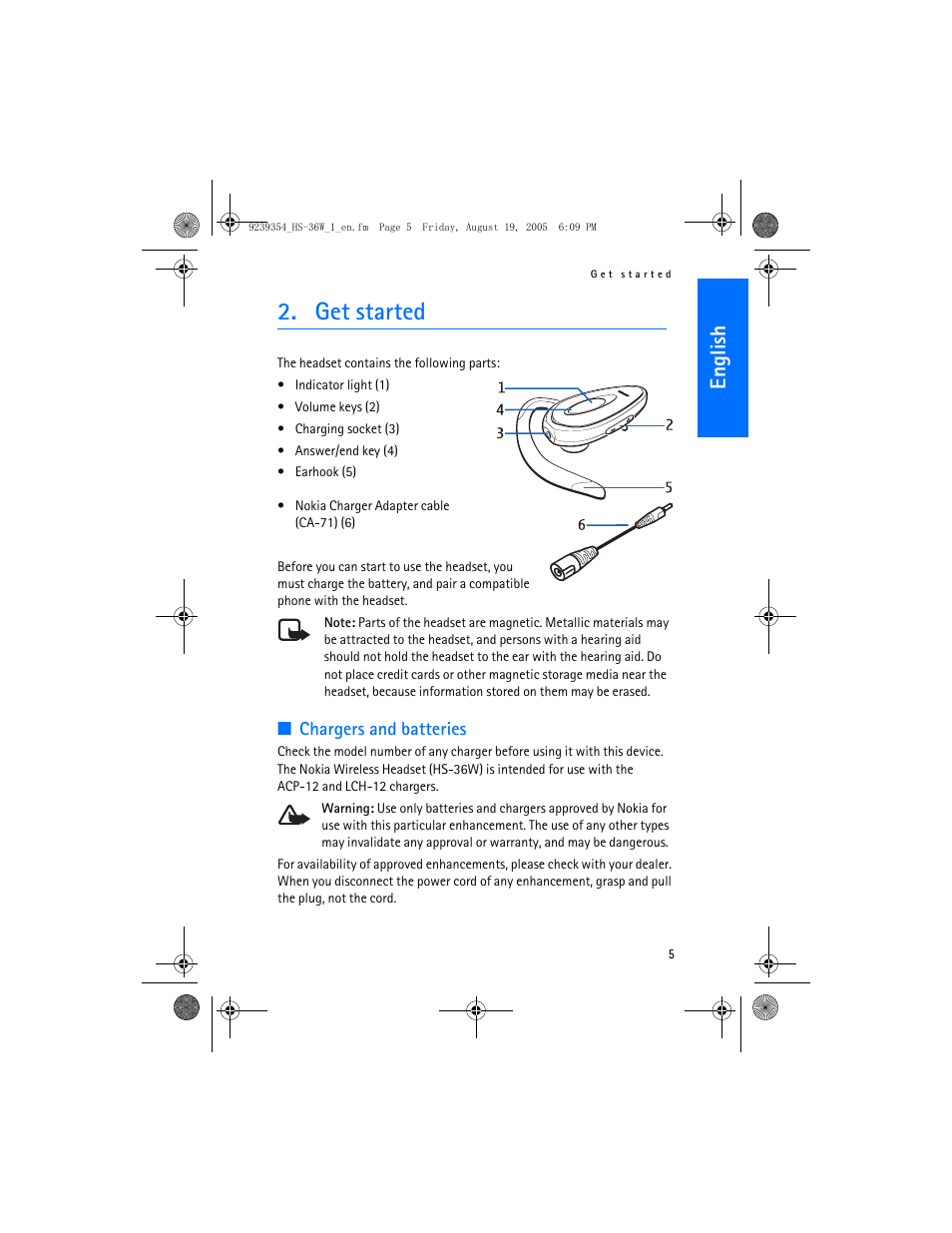 Get started, English | Nokia HS 36W User Manual | Page 5 / 48