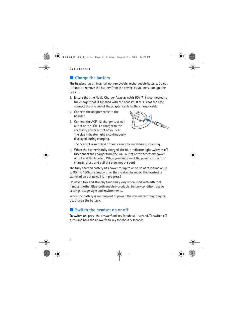 Charge the battery, Switch the headset on or off | Nokia HS 36W User Manual | Page 6 / 48