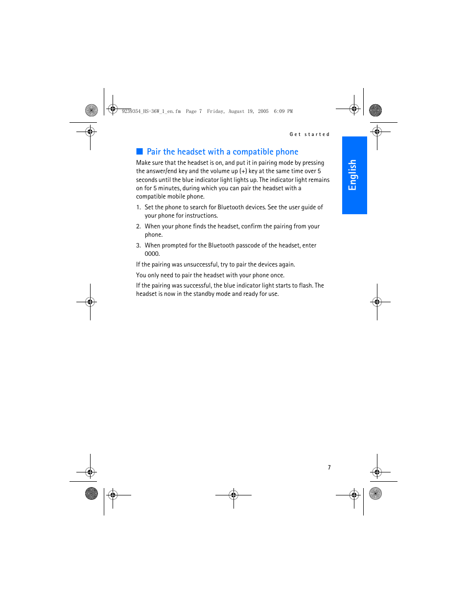 English, Pair the headset with a compatible phone | Nokia HS 36W User Manual | Page 7 / 48