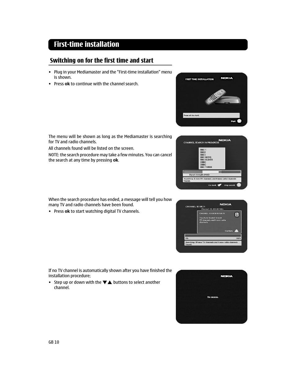 First-time installation, Switching on for the first time and start | Nokia 112T User Manual | Page 10 / 18