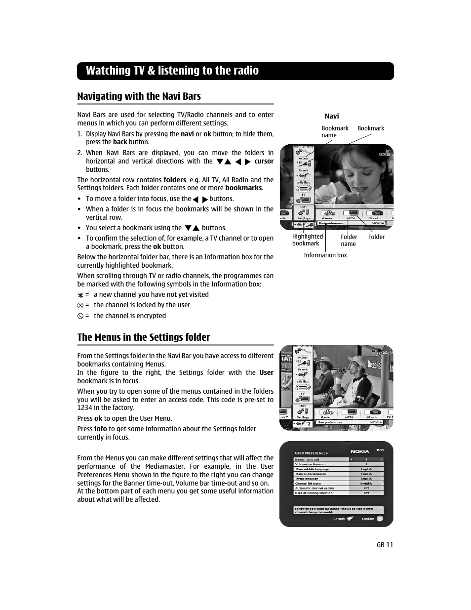 Watching tv & listening to the radio, Navigating with the navi bars, The menus in the settings folder | Nokia 112T User Manual | Page 11 / 18