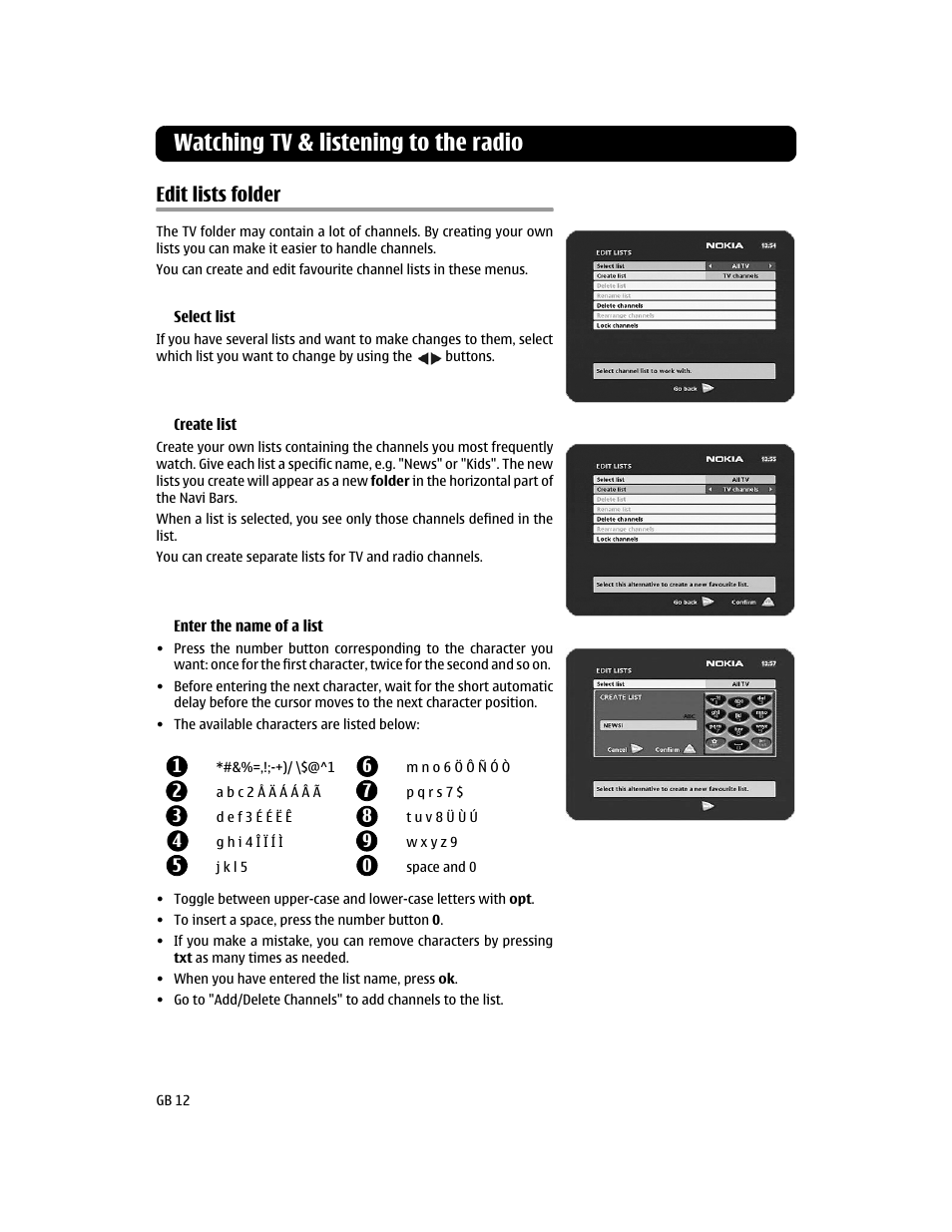 Edit lists folder, Watching tv & listening to the radio | Nokia 112T User Manual | Page 12 / 18
