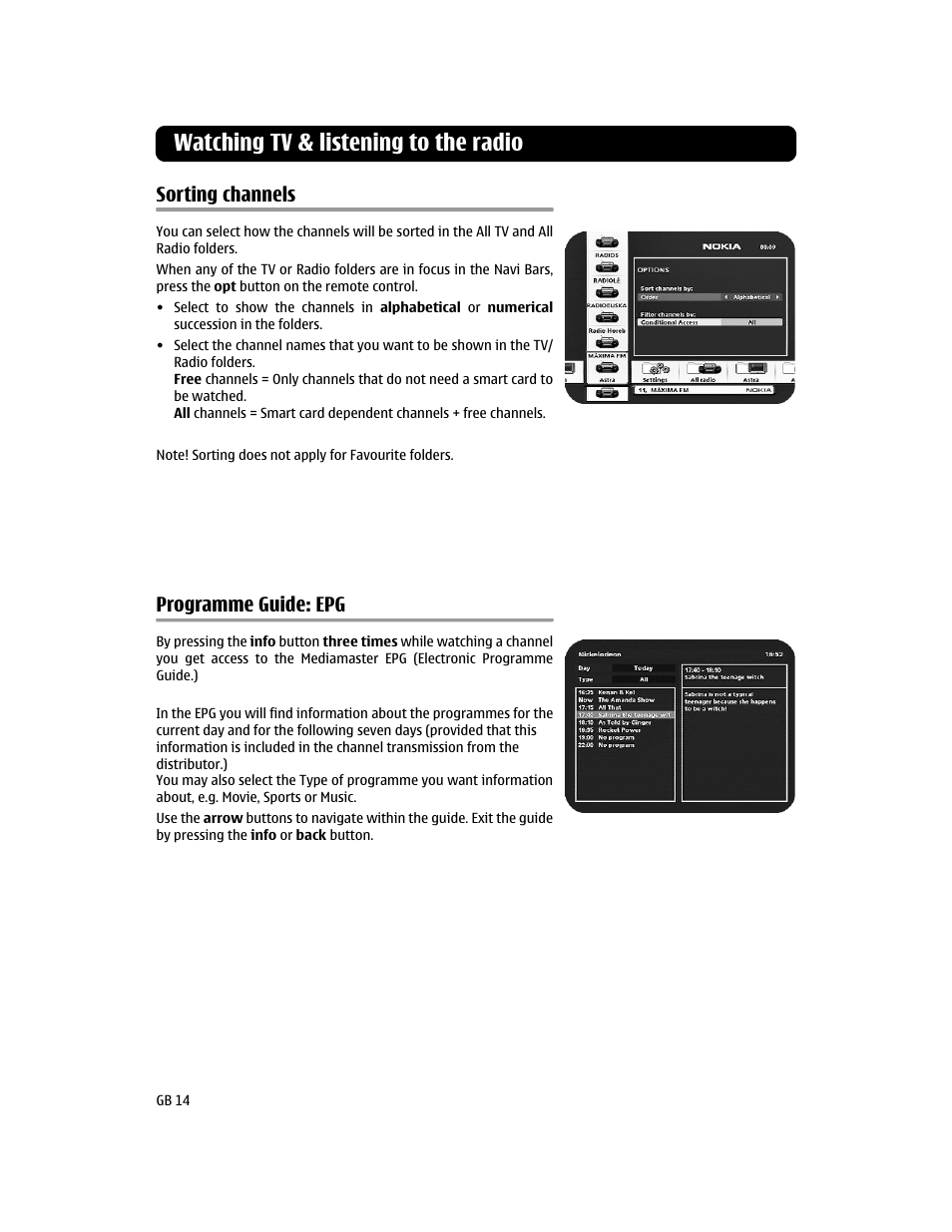 Sorting channels, Programme guide: epg, Watching tv & listening to the radio | Nokia 112T User Manual | Page 14 / 18
