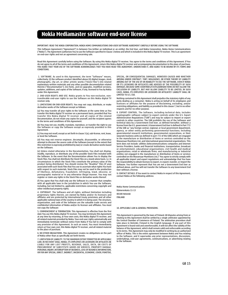 Nokia mediamaster software end-user license, Gb 15 | Nokia 112T User Manual | Page 15 / 18