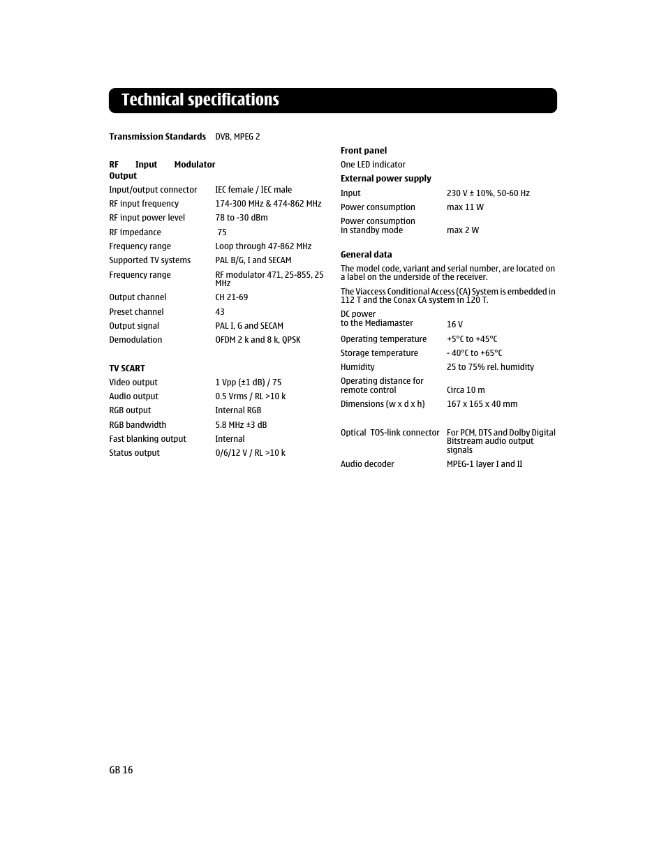 Technical specifications | Nokia 112T User Manual | Page 16 / 18