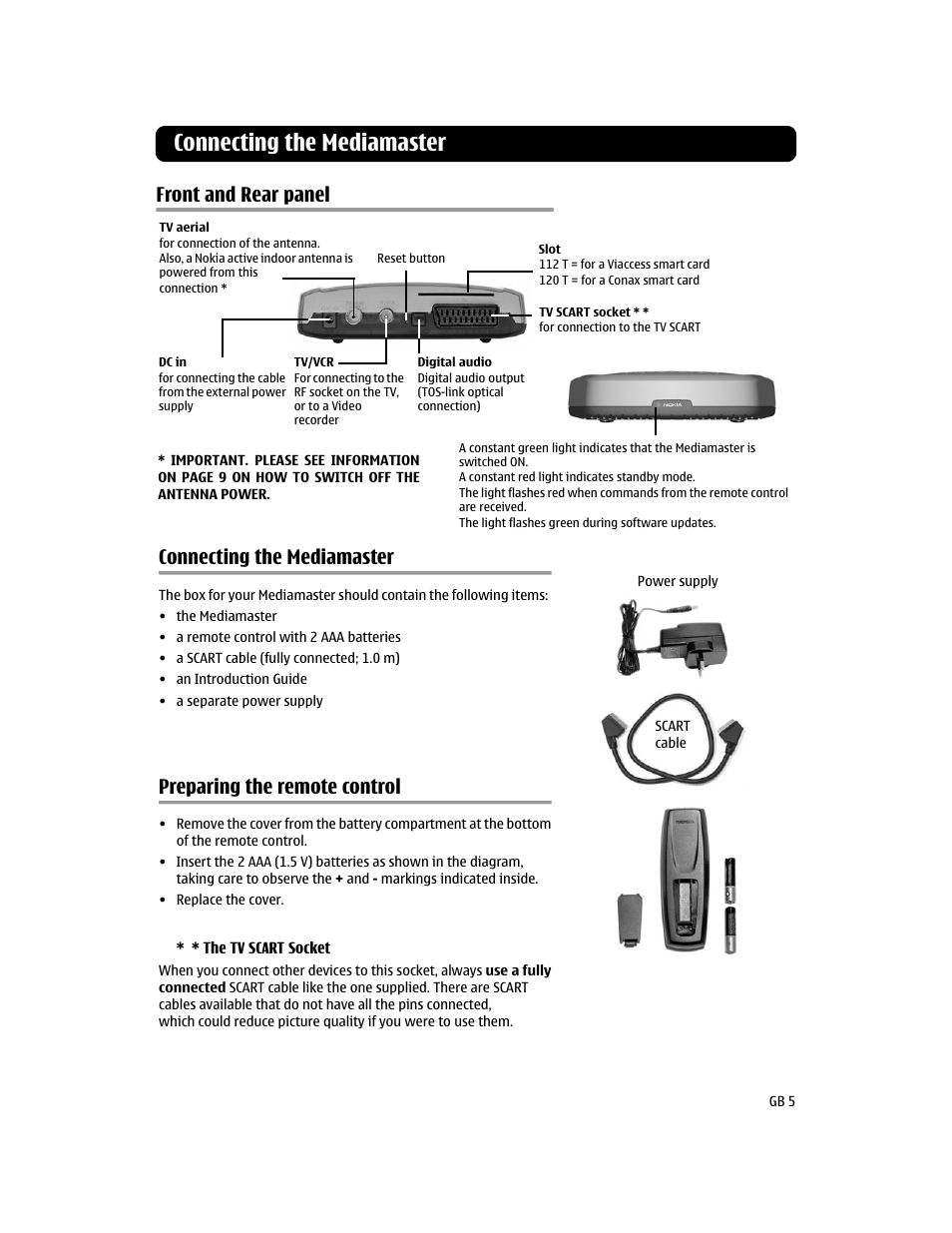Connecting the mediamaster, Front and rear panel, Preparing the remote control | Nokia 112T User Manual | Page 5 / 18
