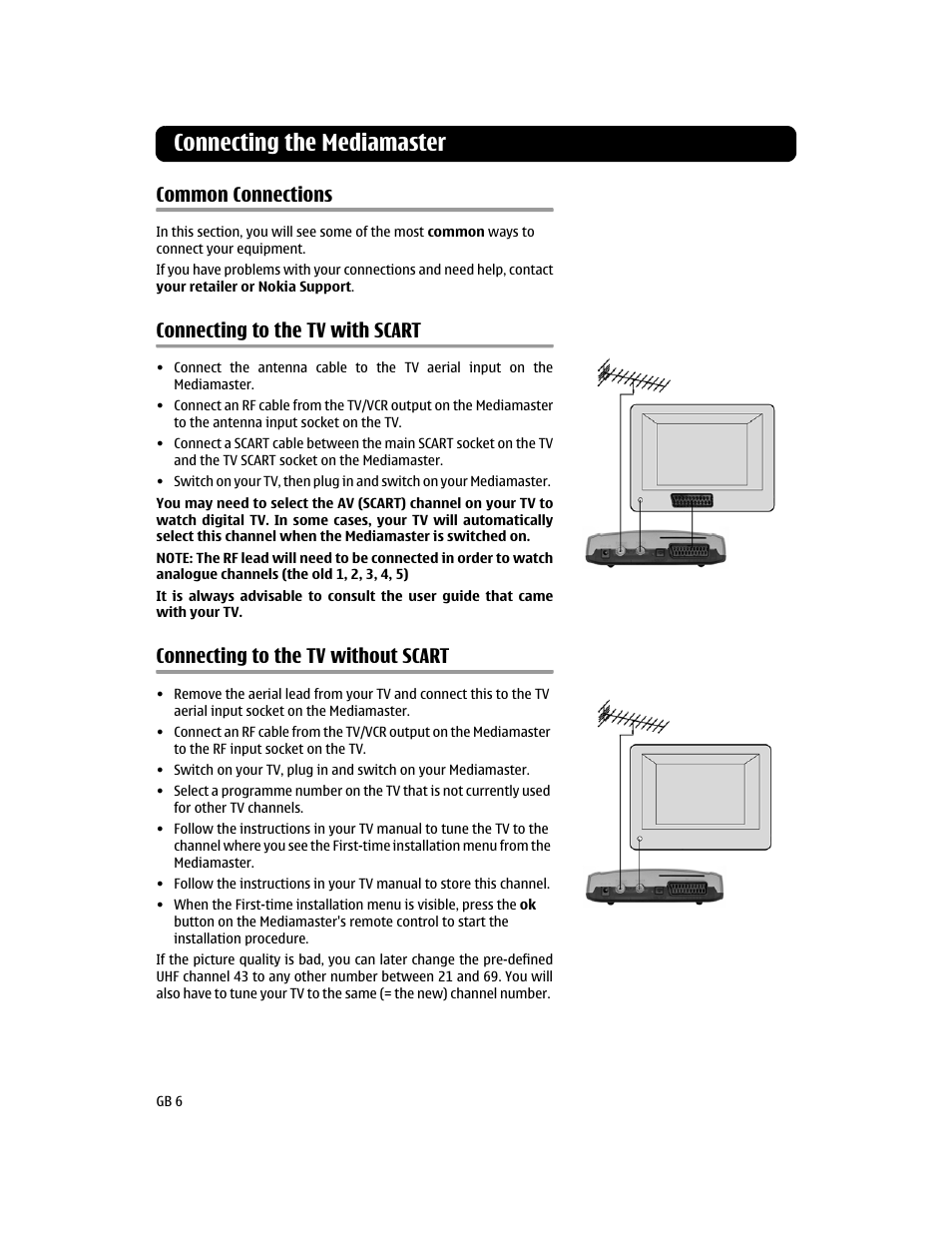 Common connections, Connecting to the tv with scart, Connecting to the tv without scart | Connecting the mediamaster | Nokia 112T User Manual | Page 6 / 18