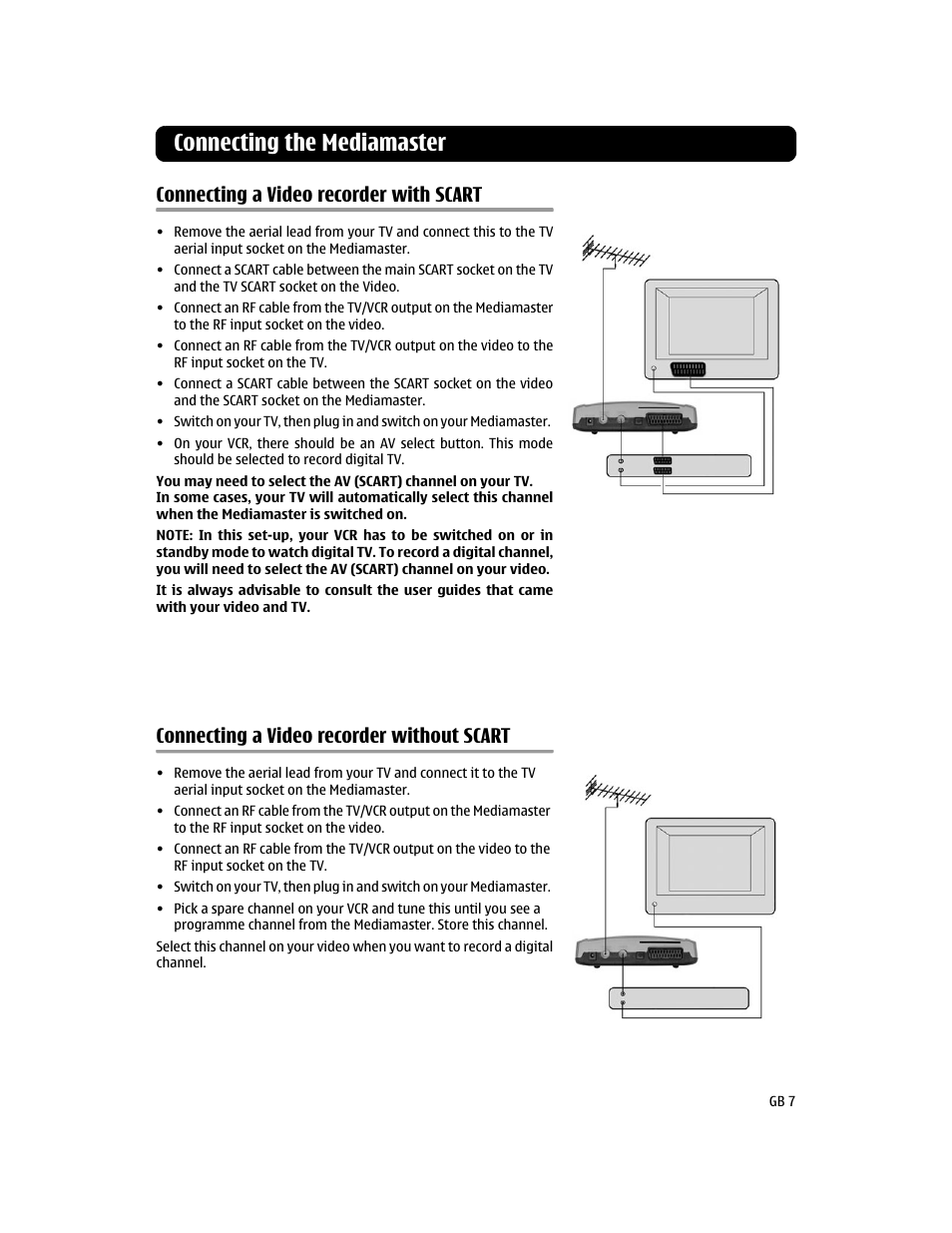 Connecting a video recorder with scart, Connecting a video recorder without scart, Connecting the mediamaster | Nokia 112T User Manual | Page 7 / 18