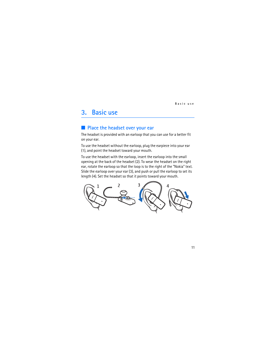 Basic use, Place the headset over your ear | Nokia BH-700 User Manual | Page 11 / 78