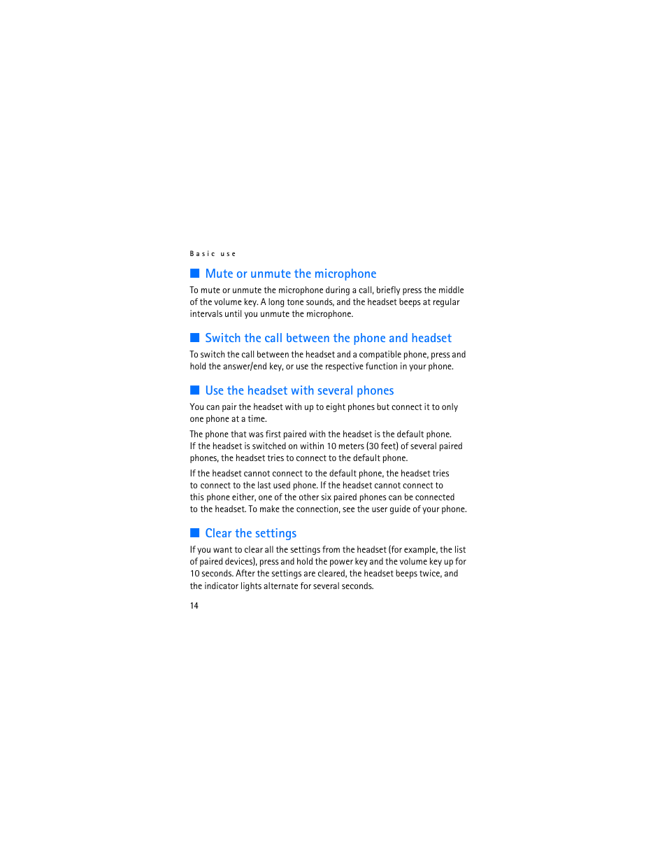 Mute or unmute the microphone, Switch the call between the phone and headset, Use the headset with several phones | Clear the settings | Nokia BH-700 User Manual | Page 14 / 78