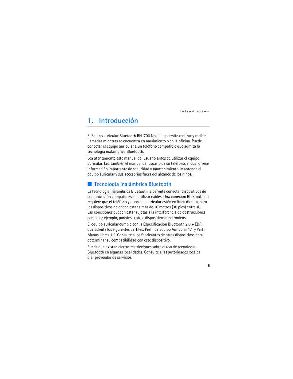 Introducción, Tecnología inalámbrica bluetooth | Nokia BH-700 User Manual | Page 23 / 78