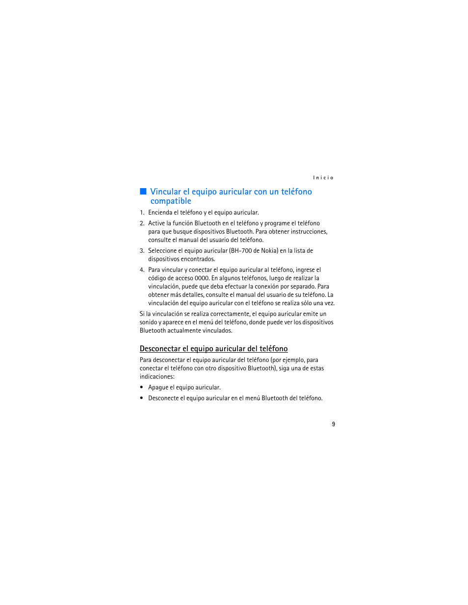 Desconectar el equipo auricular del teléfono | Nokia BH-700 User Manual | Page 27 / 78