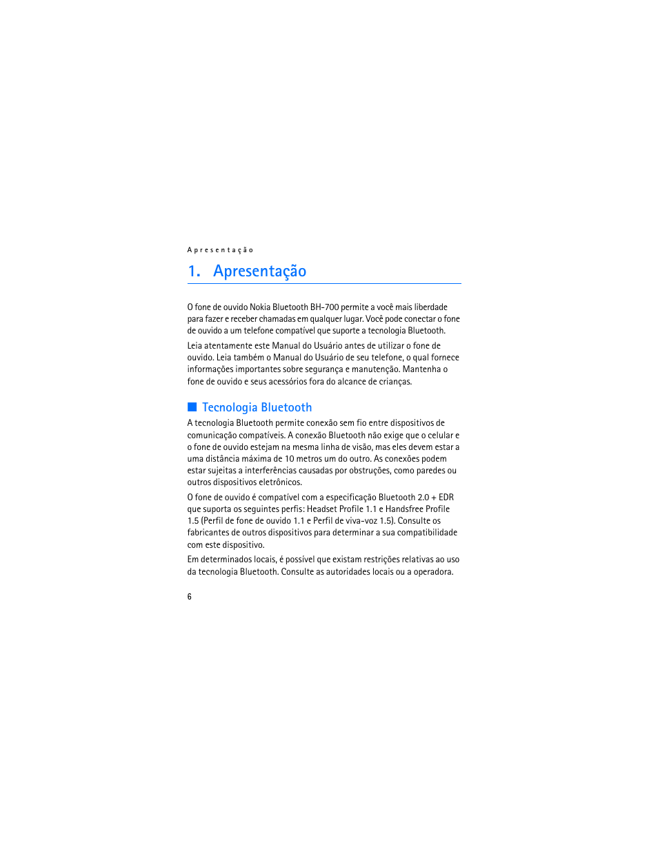 Apresentação, Tecnologia bluetooth | Nokia BH-700 User Manual | Page 44 / 78