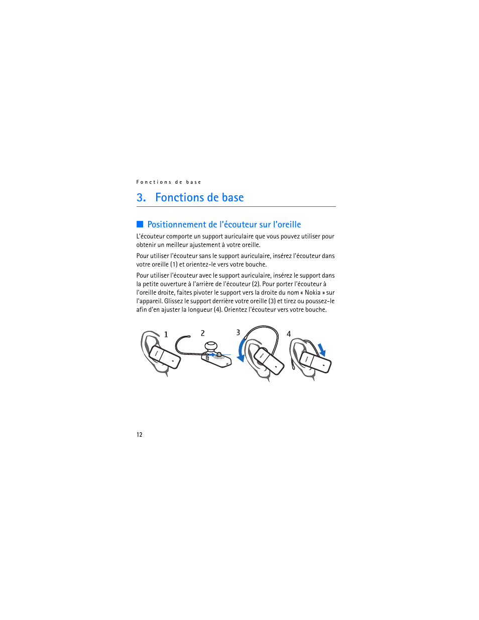 Fonctions de base, Positionnement de l’écouteur sur l’oreille | Nokia BH-700 User Manual | Page 70 / 78