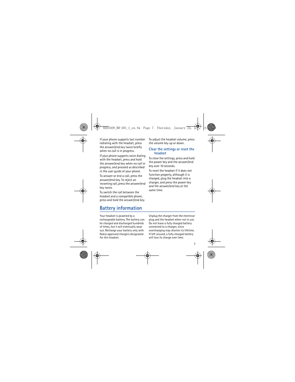 Clear the settings or reset the headset, Battery information | Nokia BH-201 User Manual | Page 7 / 9