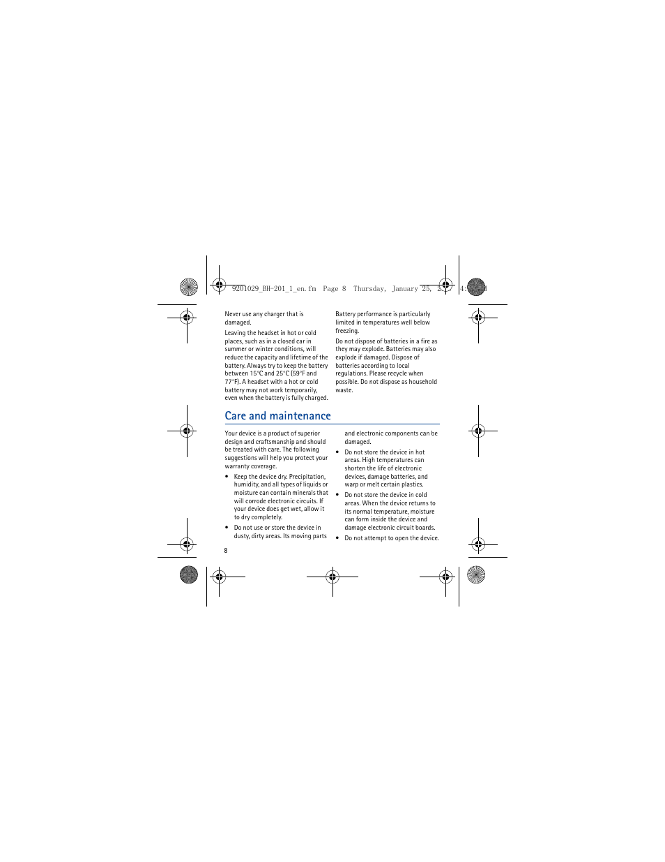 Care and maintenance | Nokia BH-201 User Manual | Page 8 / 9