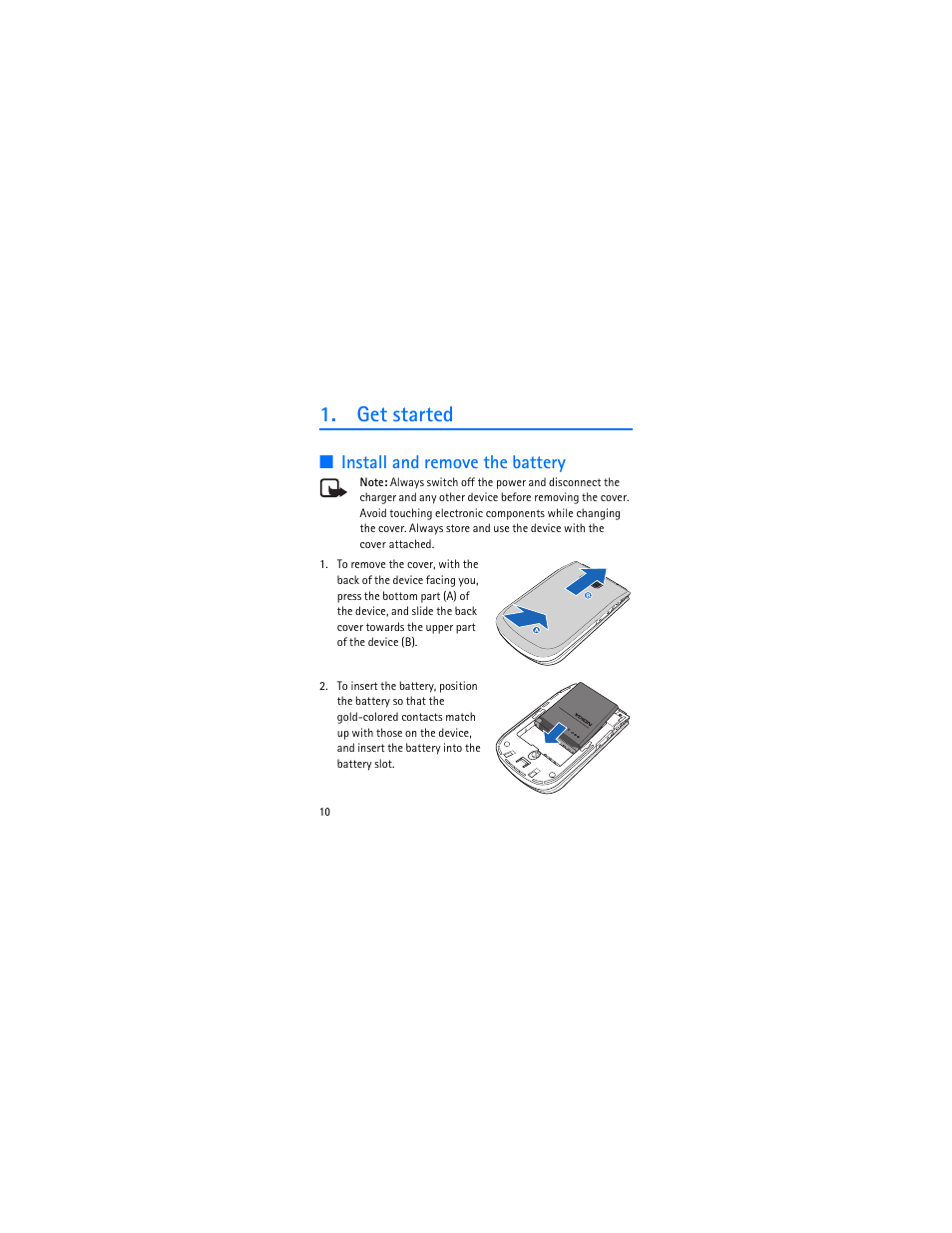 Get started, Install and remove the battery | Nokia 3606 User Manual | Page 11 / 153