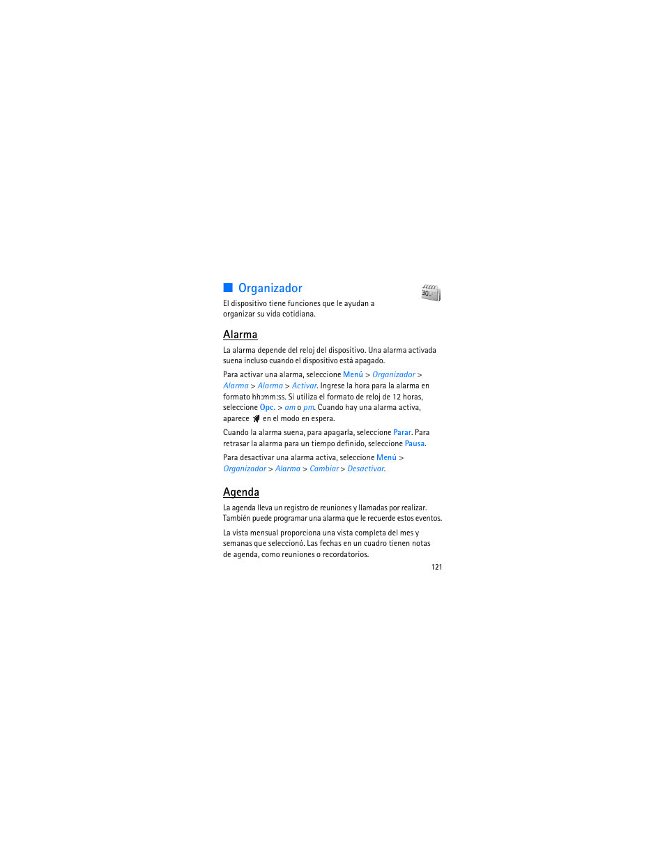 Organizador, Alarma, Agenda | Nokia 3606 User Manual | Page 122 / 153